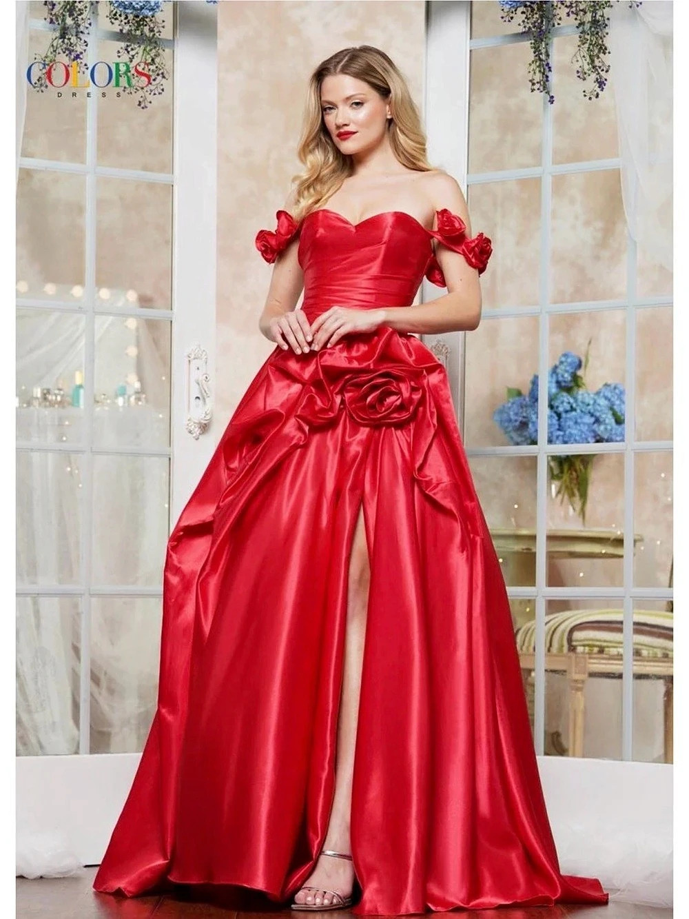 Colors Dress - Red Strapless Satin-Look Prom Gown
